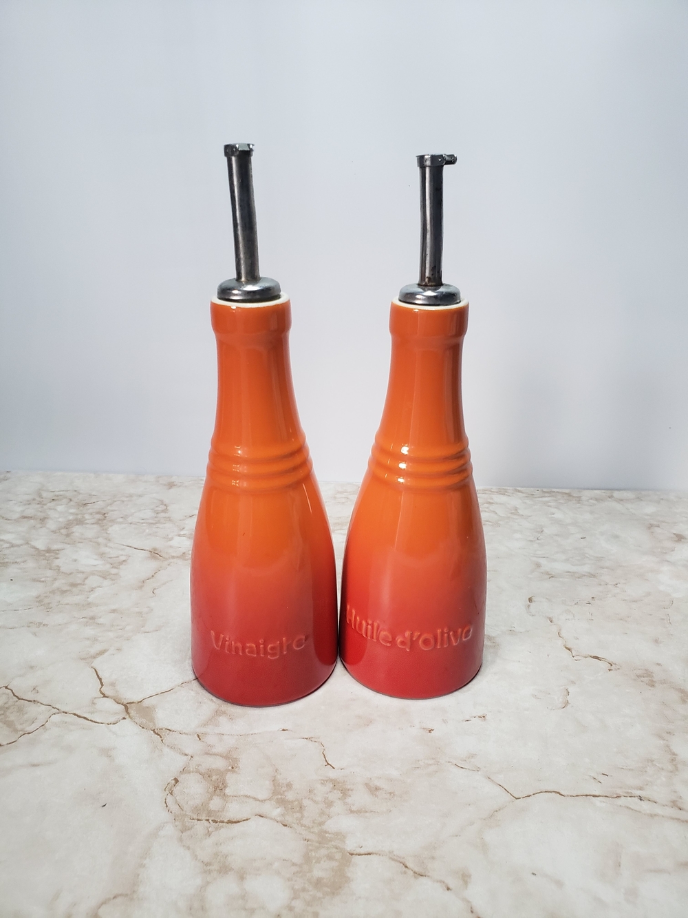 Le Creuset Orange Ceramic Olive Oil and Vinegar Pourer Set